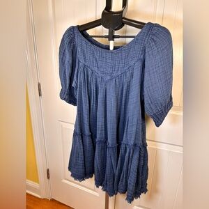 Free People mystery land pleated tunic gauze cotton mini dress, dark blue, XS